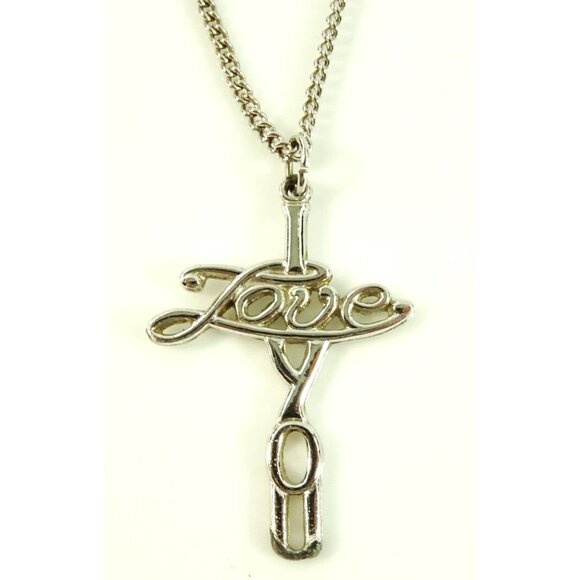 I Love You Cross Necklace Claspless Silvertone 26in Christian Religious Jewelry - Picture 1 of 5